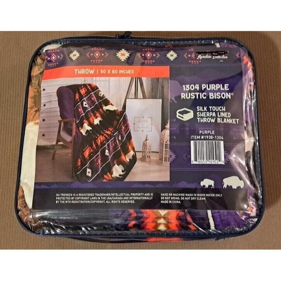 New Purple Rustic Bison Buffalo Sherpa Plush Throw Gift Blanket Native Art Aztec - Picture 5 of 5